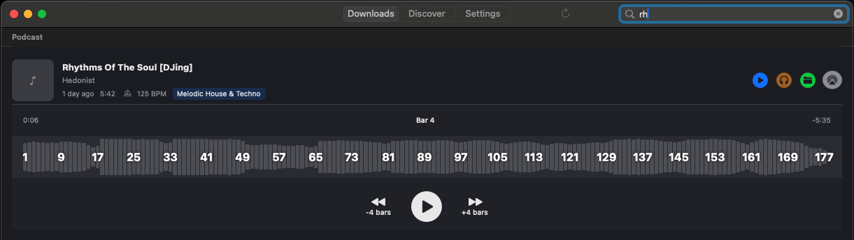 DJing.com MacOS app showing bar-level navigation with automatic jump to drops and breakdowns