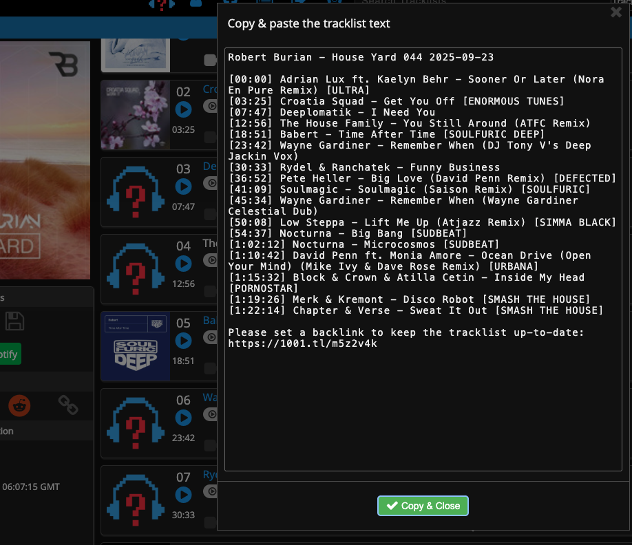 1001Tracklists export: the disk icon, then Copy and close