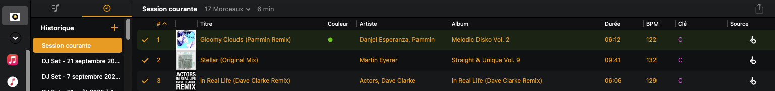 Algoriddim djay History screen with the export icon highlighted