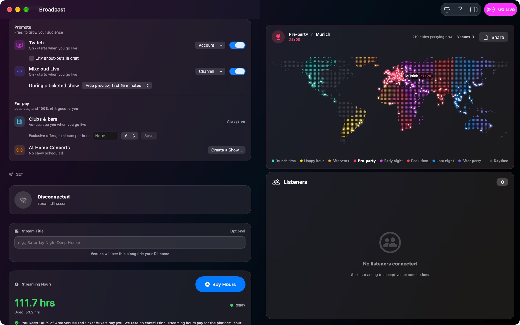 DJing Stream for Mac: the Promote section with Twitch and Mixcloud Live switches