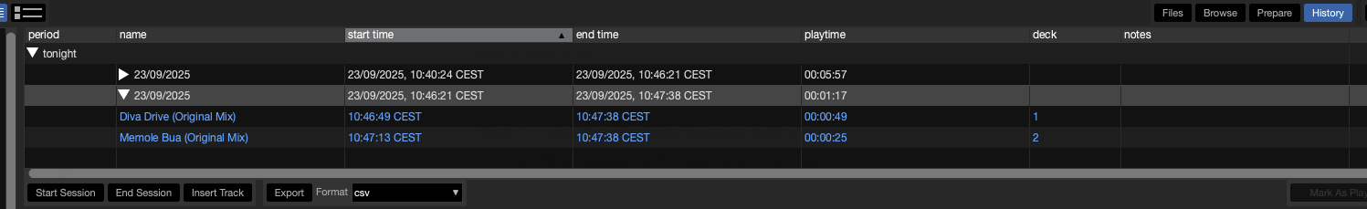Serato History panel with the export option open